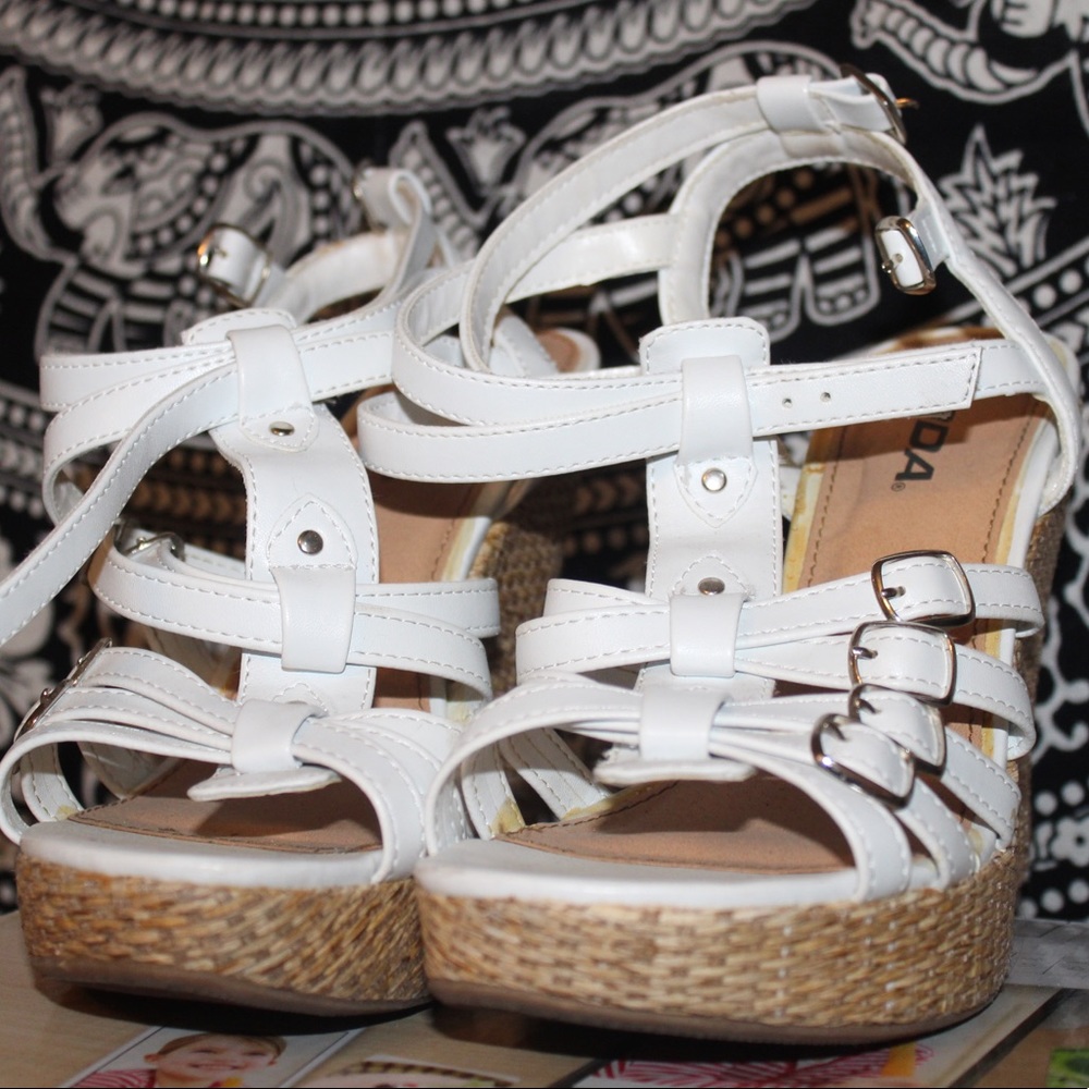 Peep-Toe Ankle Strap White Platform Wedge